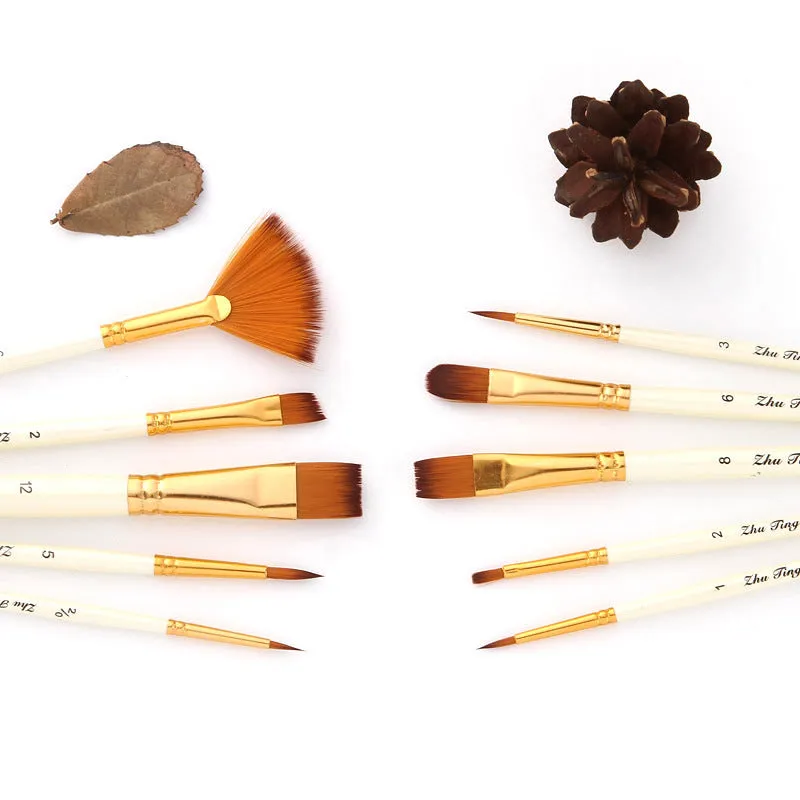 10 PCs Set Painting Brush Pearl White Nylon Hair Brush Oil Painting Brush Set