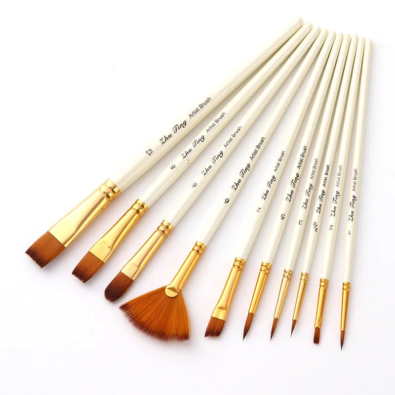 10 PCs Set Painting Brush Pearl White Nylon Hair Brush Oil Painting Brush Set