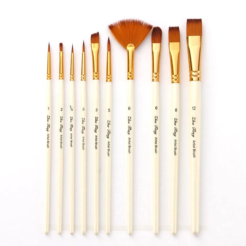 10 PCs Set Painting Brush Pearl White Nylon Hair Brush Oil Painting Brush Set