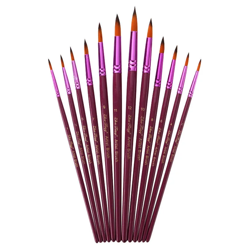 12 PCs Double Color Nylon Hair Purple Rod Gouache Watercolor Painting Pen Set