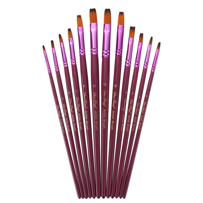 12 PCs Double Color Nylon Hair Purple Rod Gouache Watercolor Painting Pen Set