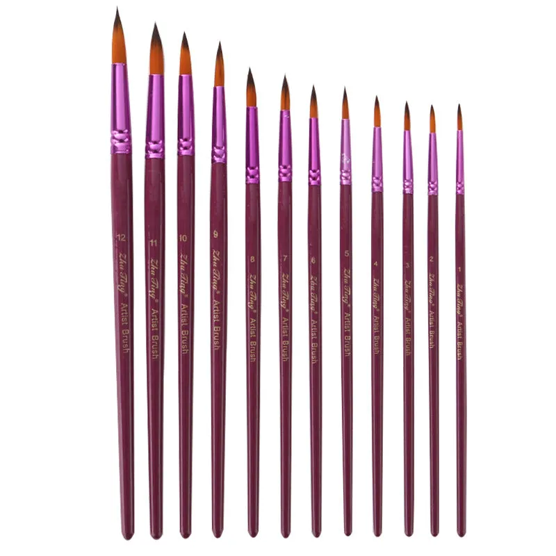 12 PCs Double Color Nylon Hair Purple Rod Gouache Watercolor Painting Pen Set