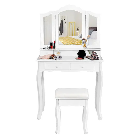 4 Drawers Wood Mirrored Vanity Dressing Table with Stool-White