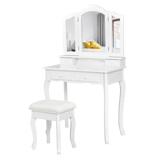 4 Drawers Wood Mirrored Vanity Dressing Table with Stool-White