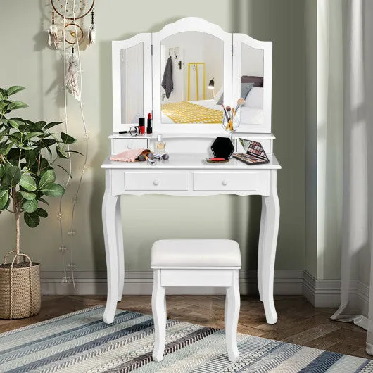 4 Drawers Wood Mirrored Vanity Dressing Table with Stool-White