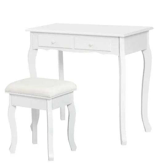 4 Drawers Wood Mirrored Vanity Dressing Table with Stool-White