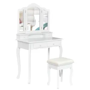 4 Drawers Wood Mirrored Vanity Dressing Table with Stool-White