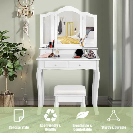 4 Drawers Wood Mirrored Vanity Dressing Table with Stool-White