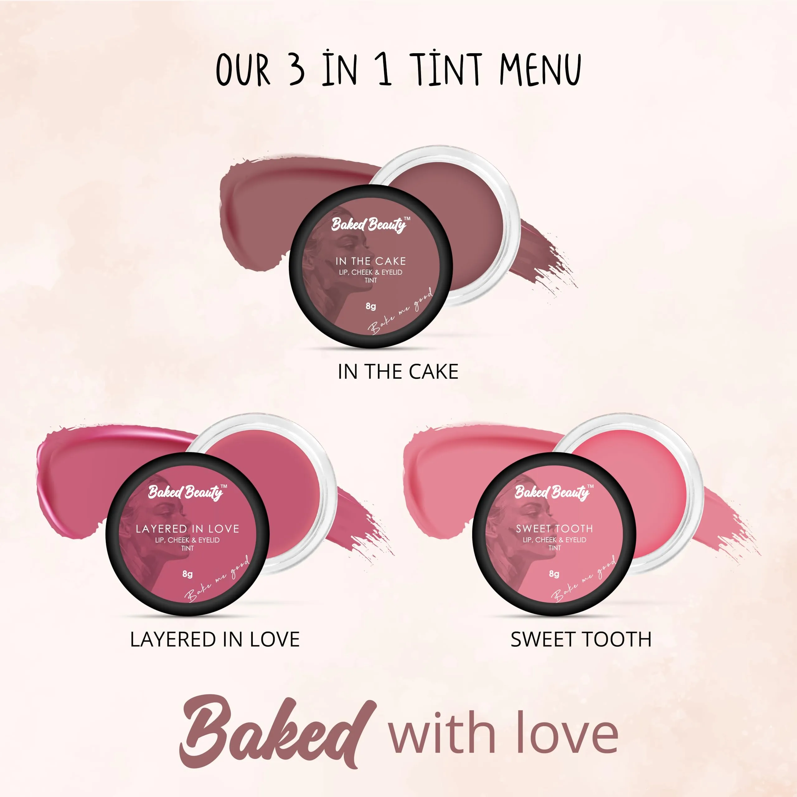 Baked Beauty In The Cake Tint Lip and Cheek Tint (8g) | Eyelid Tint for Girls | With Richness of Vitamin E & Shea Butter | Mousse Concept & Velvet Feel | Creamy Lightweight & Easily Merge with Lips & Skin