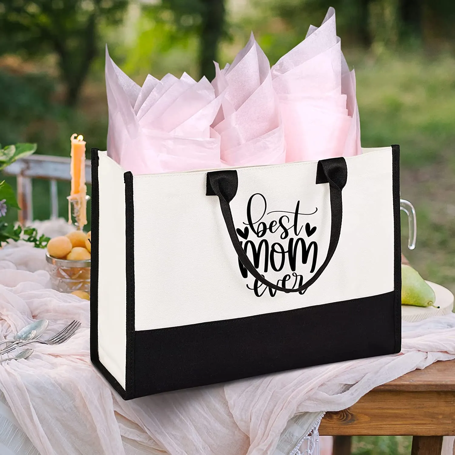 Best Mom Ever Tote Bag with Makeup Bag, Mothers Day/ Baby Shower Gifts for New Mom, Canvas Mama Bag, Black and White