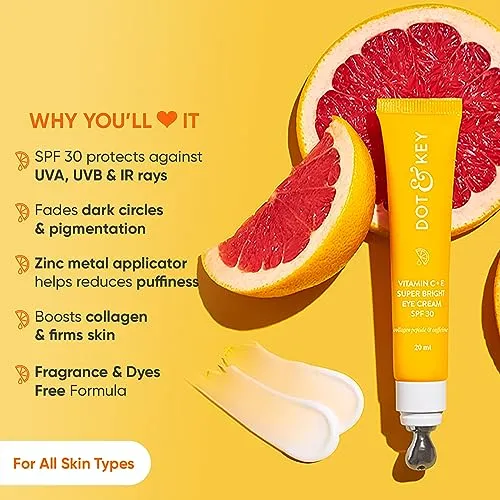 Dot & Key Vitamin C   E Super Bright Under Eye Cream | Fades Dark Circles & Pigmentation | Boosts Collages & Skin Firmness | For Glowing Even Toned Skin | Reduces Puffiness | For All Skin Types | 20ml