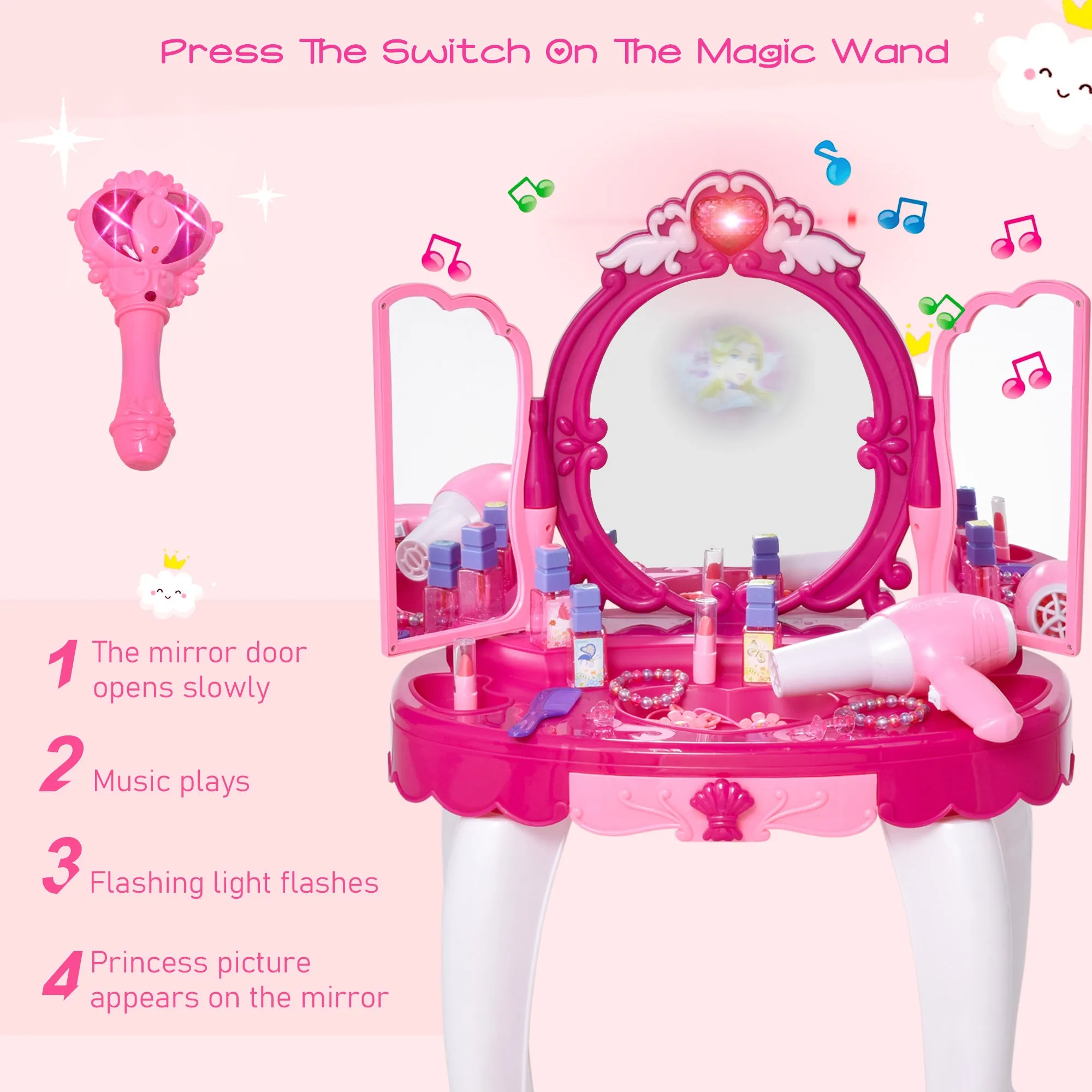 Kids Pretend Play Plastic Vanity Table Set w/ Sound Effect Pink