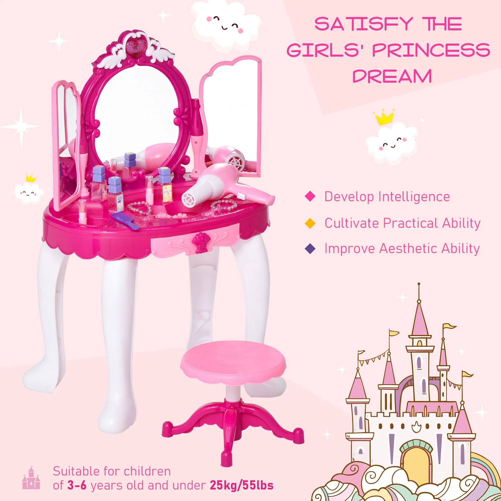 Kids Pretend Play Plastic Vanity Table Set w/ Sound Effect Pink