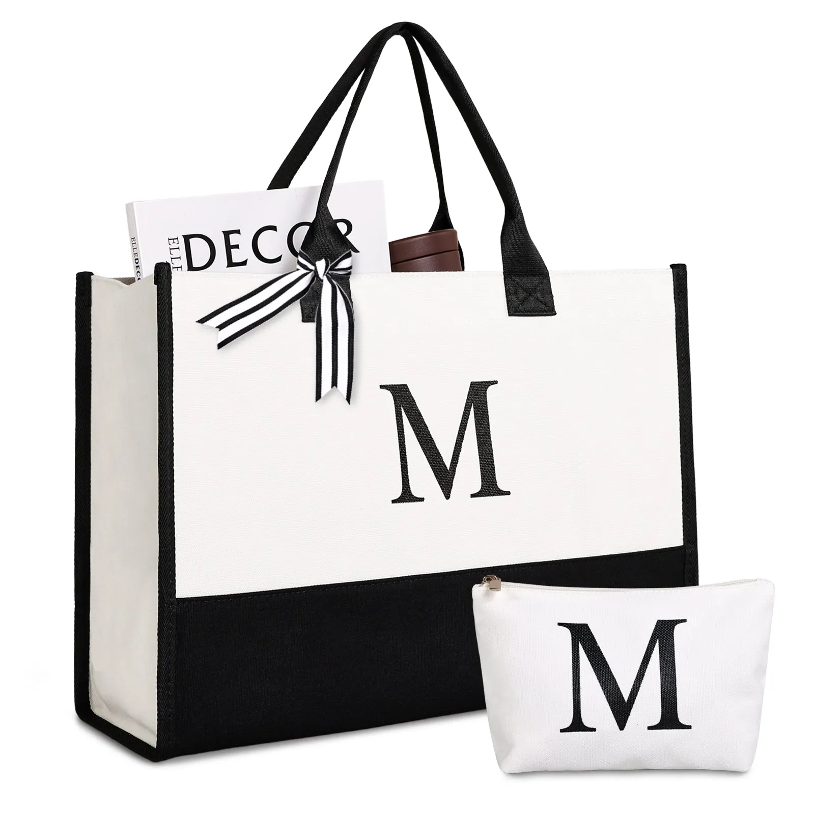 Lamyba Personalized Initial Canvas Beach Bag, Monogrammed Gift Tote Bag for Women/Teacher/Bride/Bridesmaid