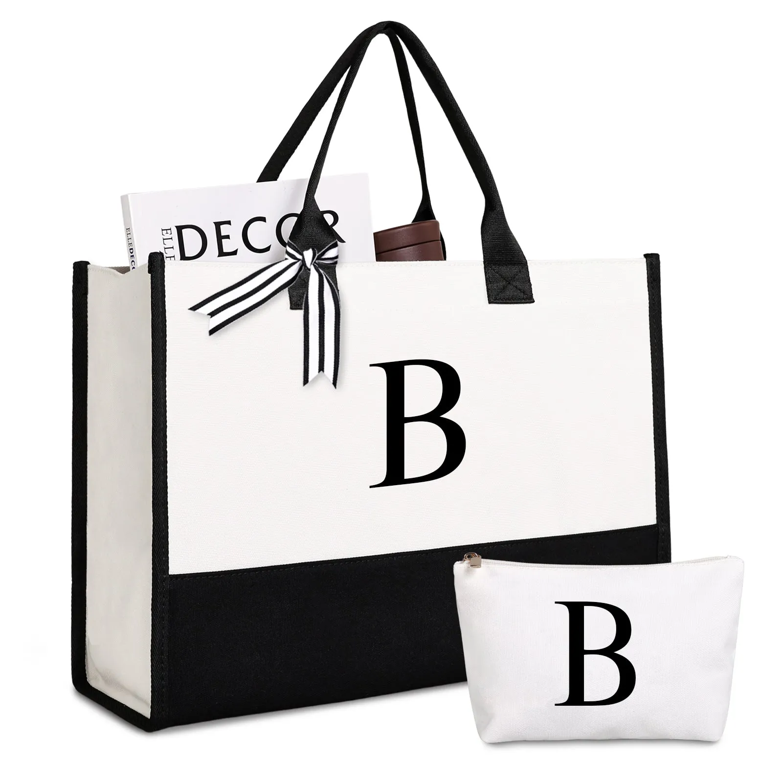 Lamyba Personalized Initial Canvas Beach Bag, Monogrammed Gift Tote Bag for Women/Teacher/Bride/Bridesmaid