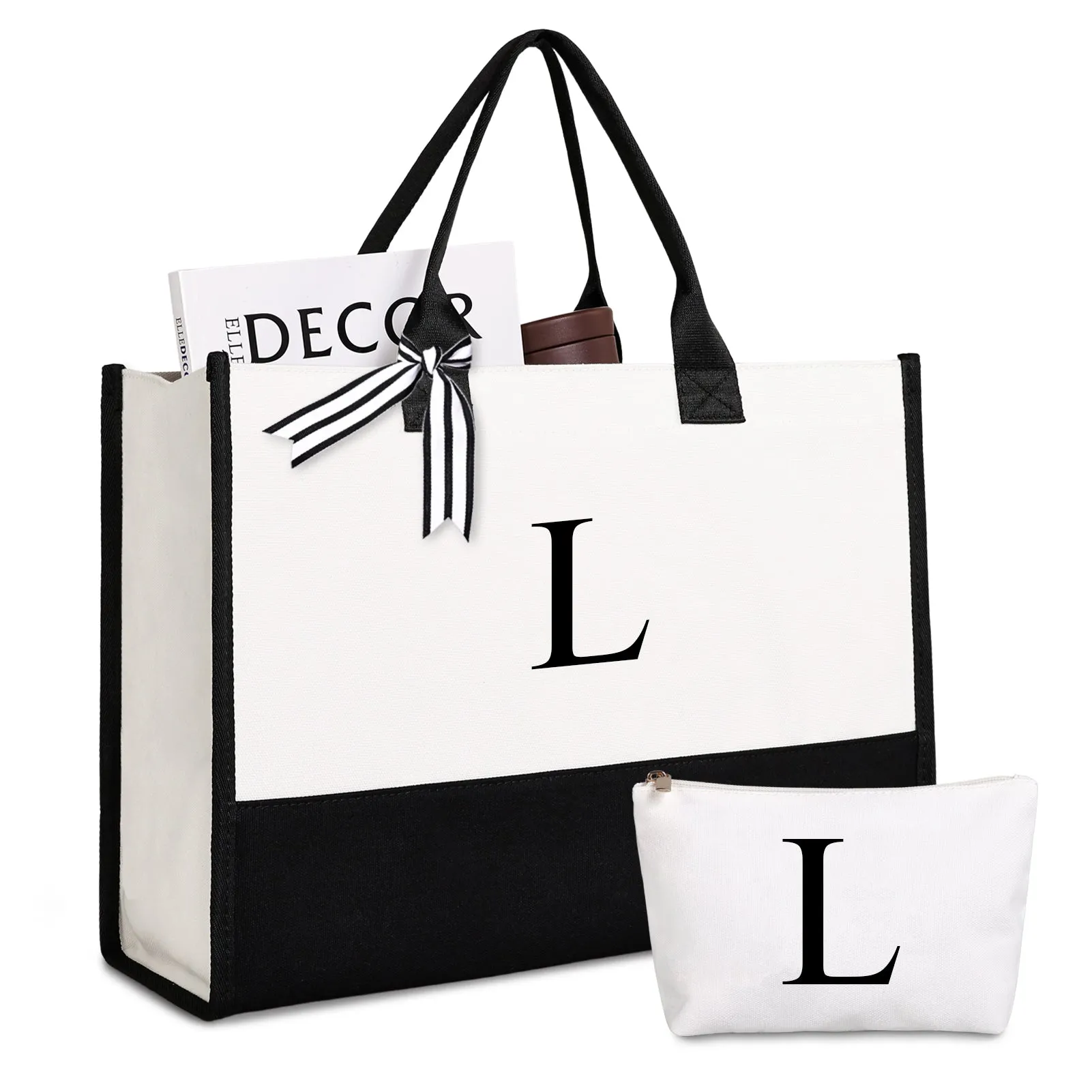 Lamyba Personalized Initial Canvas Beach Bag, Monogrammed Gift Tote Bag for Women/Teacher/Bride/Bridesmaid